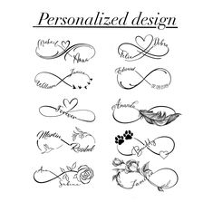 an image of a set of personalized tattoos with hearts and flowers on them, all written in cursive writing