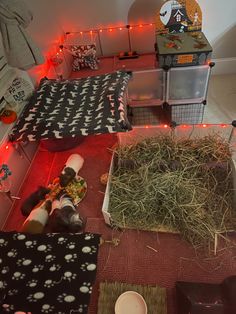 a room with hay and other items on the floor next to a bed covered in lights