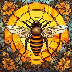 a stained glass window with a bee sitting on it's side and flowers in the background