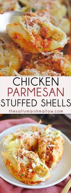 chicken parmesan stuffed shells on a white plate with text overlay that reads chicken parmesan stuffed shells