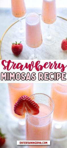 Strawberry Mimosas (With Fresh Or Frozen Strawberries) Strawberry Mimosa Recipe, Strawberries And Champagne, Valentines Party Food, Flavored Waters