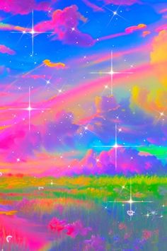 an abstract painting with stars and clouds in the sky over a grassy field at night