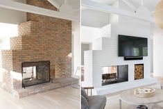 two pictures of a living room with brick fireplaces and tv on the wall above