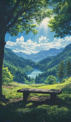 a painting of a picnic table in the middle of a field with mountains and trees