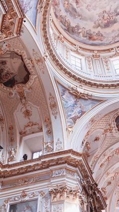 an ornate ceiling in the middle of a building with paintings on it's walls