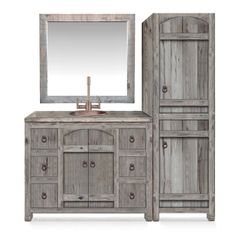 an old wooden bathroom vanity with mirror and cabinet in front of the mirror, on a white background