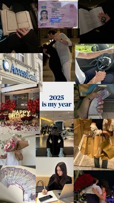 collage of photos with people holding books and flowers in front of them, text reads 2055 is my year