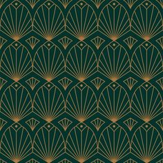 an art deco style wallpaper with gold and green fan shapes on the back ground