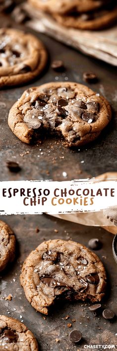 chocolate chip cookies on a baking sheet with the words espresso chocolate chip cookies