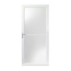 a white door with a mirror on the front and side panels in black trims