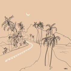 a drawing of palm trees on the side of a road with a half moon in the sky