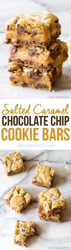 salted caramel chocolate chip cookie bars stacked on top of each other with the title above it