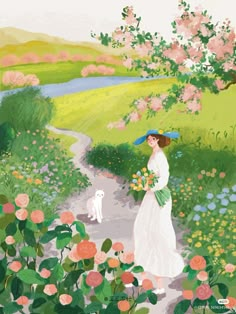 a painting of a woman walking down a path with flowers and a dog in the background