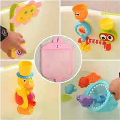 several pictures of toys in the bath tub