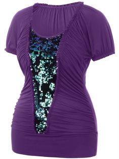 Plus Size Sequined Insert Ruched T-shirt - Purple - 3A77168118 - Women's Clothing  #WomensClothing #Women's #Clothing Classy Plus Size Outfits, Plus Size Tees, Weave Style, Colourful Outfits, Plus Size Blouses, Trendy Plus Size, Curvy Fashion, Plus Size T Shirts, Fashion Tops