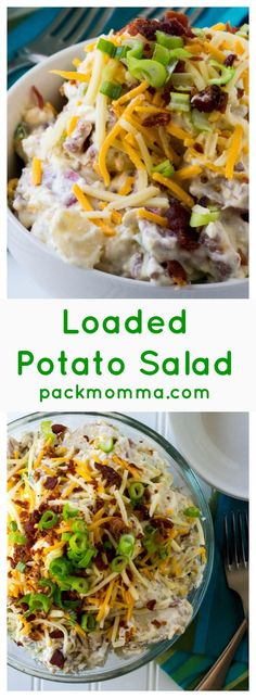 loaded potato salad with bacon and cheese in a bowl