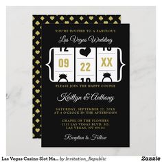 casino themed wedding card with gold hearts on black and white, featuring two jackpots