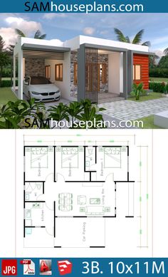 two story house plan with 3 bedroom and 2 bathrooms in the front, an open living area