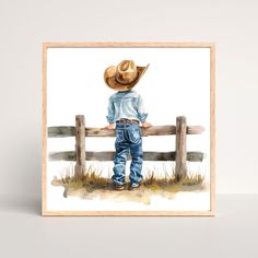 a watercolor painting of a little boy wearing a cowboy hat looking over a fence