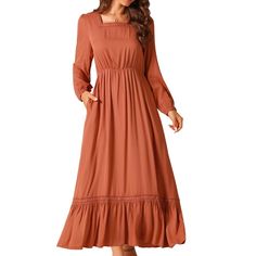 This dress features a square neck, long sleeves, tiered design, crochet insert detail, and two pockets, making it a versatile addition to your wardrobe. The casual A-line maxi dress is made from 100% Rayon, ensuring a soft and comfortable feel all day long. Whether you're attending a wedding, a beach party, or a casual family gathering, this dress is ideal for various occasions. Pair it with high heels, a handbag, or other accessories to create trendy looks. The elegant ruffled design and hollow Dress With Gathered Waist, Casual Summer Dresses With Sleeves, Summer Dresses With Sleeves, Maxi Dress Winter, Maxi Dress With Pockets, Design Crochet, A Line Maxi Dress, Midi Slip Dress, Mini Slip Dress