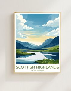 a poster hanging on the wall above a white wall with a lake and mountains in the background