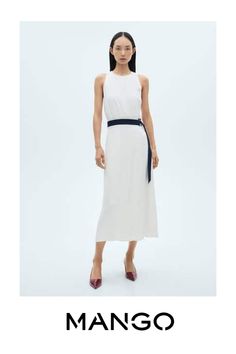 Fluid fabric, Midi design, A-line design, Sleeveless, Round neck, Invisible back zip fastening, Contrasting waist Midi Design, Belt Dress, Flowy Fabric, Line Design, Belted Dress, White Dress, Mango, Round Neck, Womens Dresses