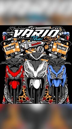 three motorcycles are parked in front of each other on a black background with orange and blue accents