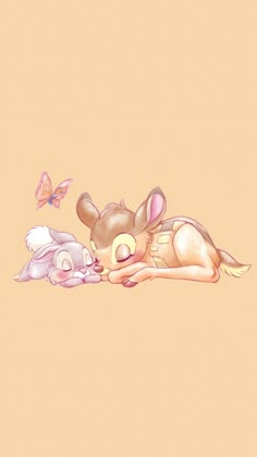 two cartoon animals laying next to each other on a pink background with butterflies flying around