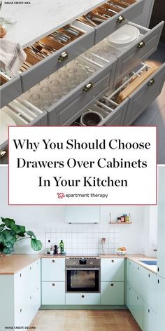 an open drawer in a kitchen with the words why you should choose drawers over cabinets in your kitchen