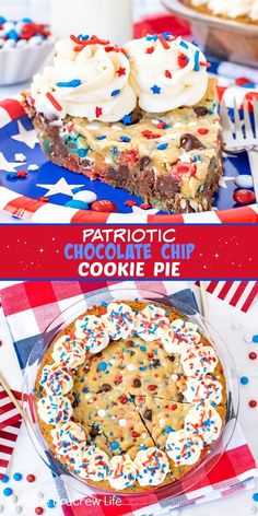 patriotic chocolate chip cookie pie with white frosting and sprinkles on top