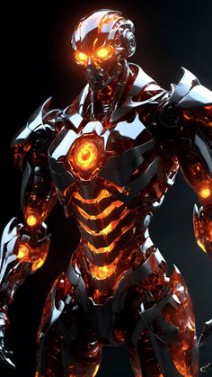 a robot with glowing eyes standing in front of a black background