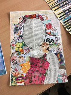 a collage of pictures and words on a piece of paper with pencils next to it