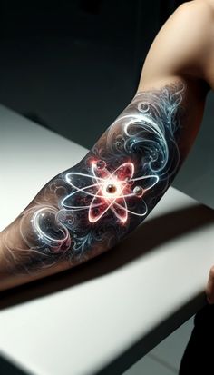 a man's arm with an abstract tattoo design on it and the image of a flower