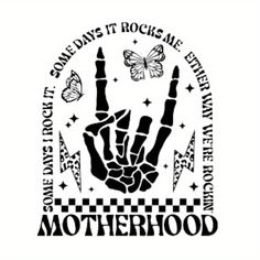 a black and white logo with the words motherhood written on it, butterflies flying around