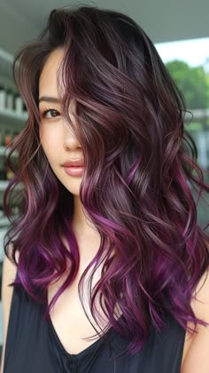 Purple Balayage Hair Brunettes, Brunette Purple Hair, Purple Balayage Hair, Short Wolf Haircut, Silver Purple Hair, Raspberry Hair, Purple Brown Hair, Lilac Hair Color, Hair Styles Long Hair