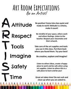 the art room expectations poster is shown with colored pencils in front of it and an article about artful respect tools to imagine safety time