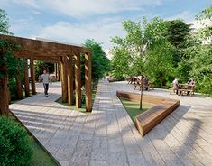 an artist's rendering of a park with benches and trees