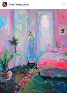 an oil painting of a bedroom with pink walls and green carpeted floor, potted plant in the foreground