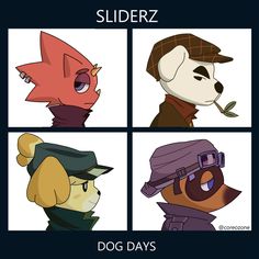 four different cartoon faces with the words sliderz and dog days written on them