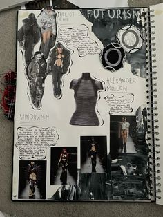 an open notebook with pictures and words on the pages, including images of women's clothing