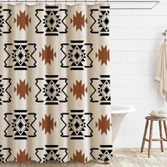 the shower curtain is decorated with brown and black geometric designs on it, along with a white bathtub