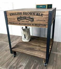 an english brown ale sign sitting on top of a wooden shelf next to a bag