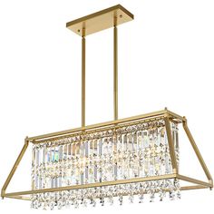 a rectangular chandelier with crystal beads hanging from the bottom, and gold frame