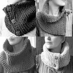 three pictures of a woman wearing a knitted cowl with buttons on the collar