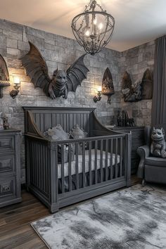 Whimsical Gargoyles introduces playful gargoyle characters to a Western Gothic nursery with soft gray tones and warm accents. Gargoyle toys and themed decor create a fun, imaginative space. Tap here to learn how to bring Whimsical Gargoyles into your nursery. Narnia Nursery Ideas, Castle Themed Nursery, Boy Nursery Theme Ideas, Neutral Baby Nursery Ideas, Baby Boy Room Ideas Themes, Dragon Themed Nursery, Gothic Nursery Ideas, Dark Nursery Ideas, Harry Potter Nursery Theme