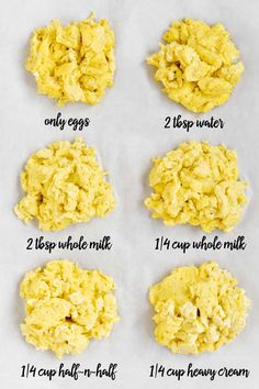 six different types of scrambled eggs on a sheet of parchment paper with instructions for how to make them