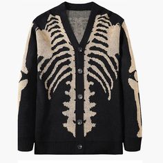 Green Skeleton Sweater, Dream Clothes Grunge, Eco Goth Fashion, Halloween Clothes Aesthetic, Dress Shirt With Sweater, Funky Cardigans, How To Style Cardigans, Bleach Sweater, Crowcore Fashion