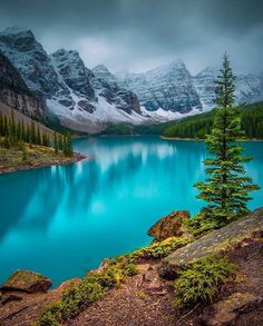 a blue lake surrounded by mountains under a cloudy sky with trees in the foreground