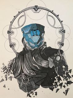 a black and white drawing of a man with a blue helmet, surrounded by geometric shapes