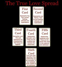 the true love spread card game is shown in red and white, with four different cards